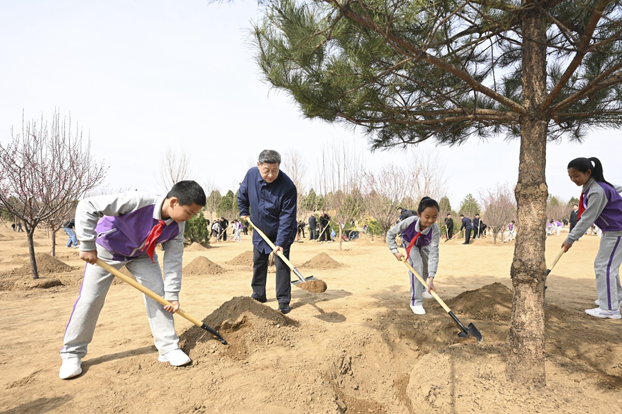3月30日,党和国家领导人习近平、李强、赵乐际、王沪宁、蔡奇、丁薛祥、李希等来到北京市昌平区百善镇参加首都义务植树活动。这是习近平同大家一起植树。