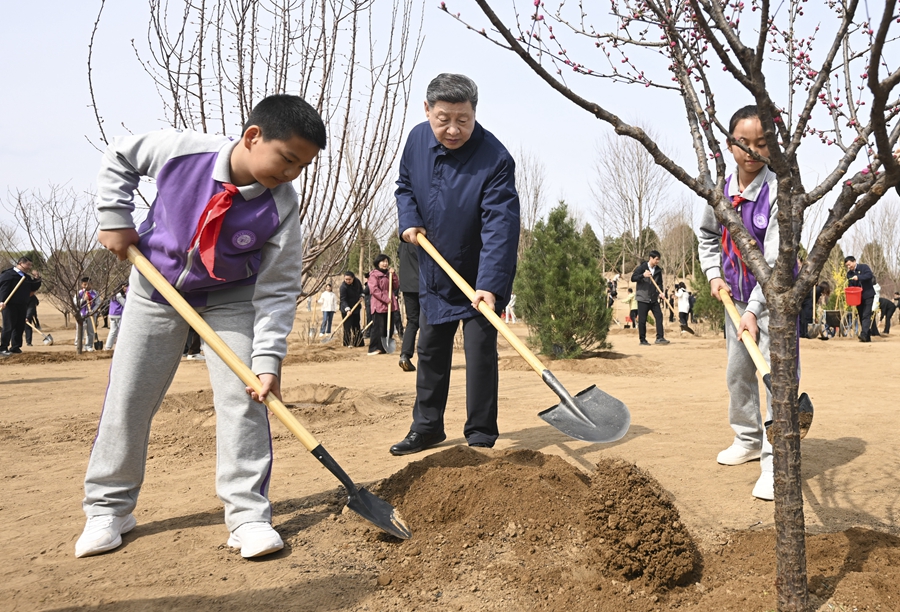 3月30日,党和国家领导人习近平、李强、赵乐际、王沪宁、蔡奇、丁薛祥、李希等来到北京市昌平区百善镇参加首都义务植树活动。这是习近平同大家一起植树。